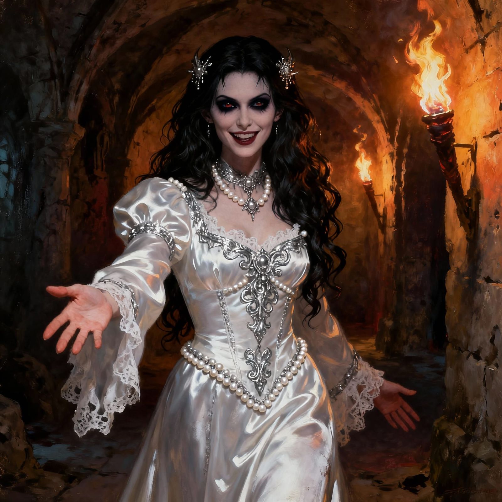 Vampire Welcomes Viewer in Torchlit Crypt Realistic Painting