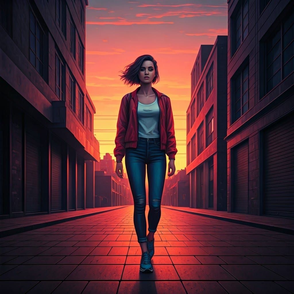 Woman Striding Confidently in Neon Cityscape Art