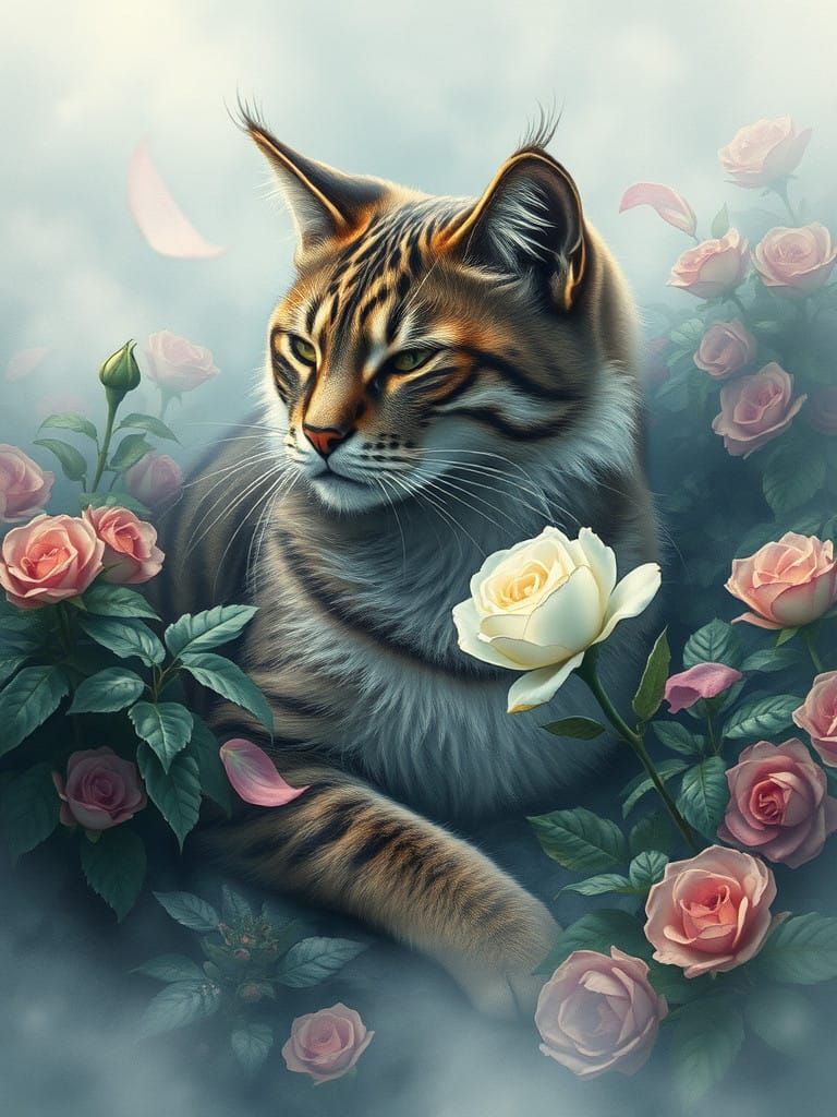 Serene Feline Form Amidst Vibrant Blooms in Mystical Fog