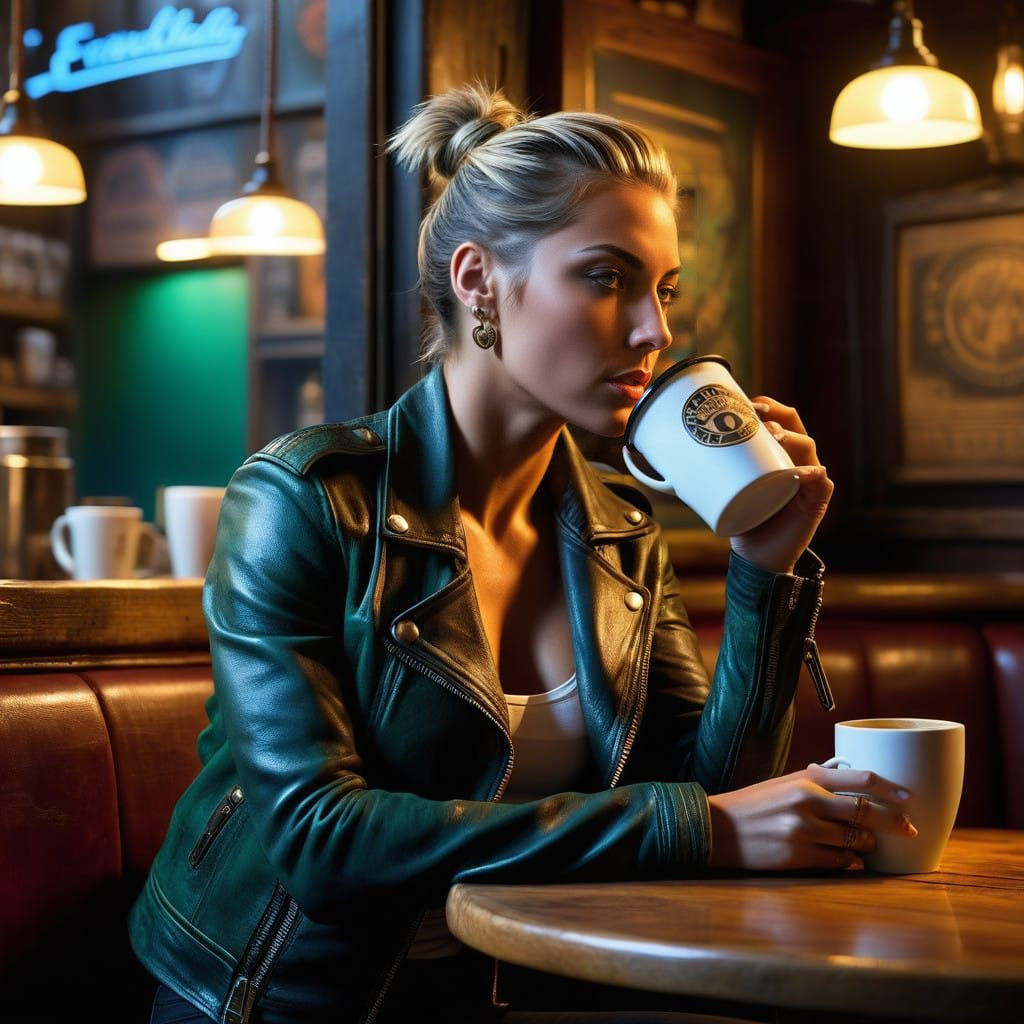 Rhea in a Frazetta-Inspired Cafe Scene