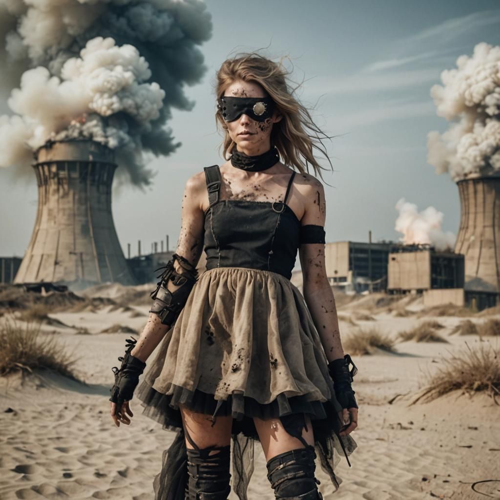 Post-Apocalyptic Woman in Wasteland with Nuclear Explosion