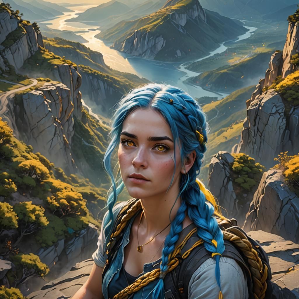 Blue-Haired Girl with Yellow Eyes on Mountain Cliff
