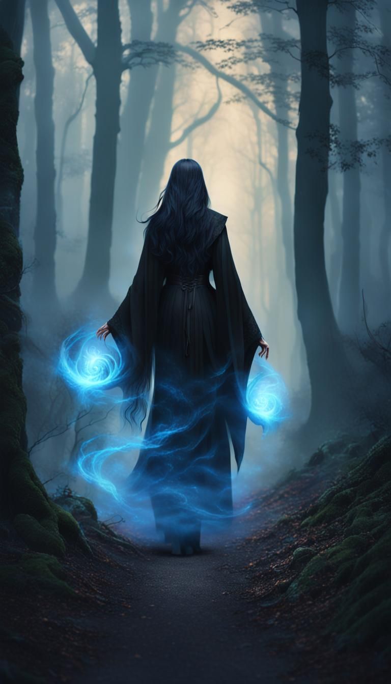 Mystical Sorceress in Misty Forest: Dark Fantasy Art
