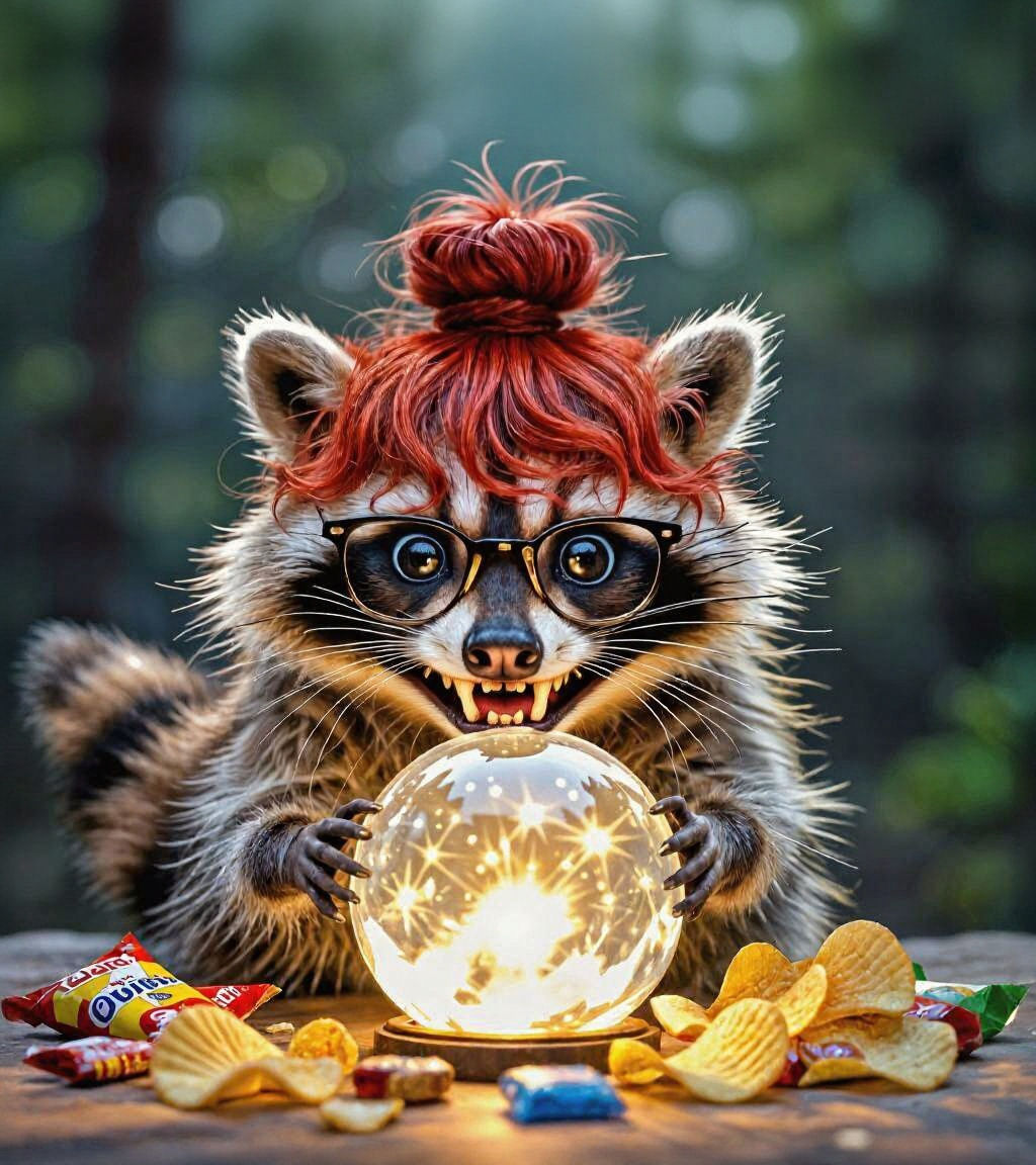 Photorealistic Raccoon with Crystal Ball and Snacks