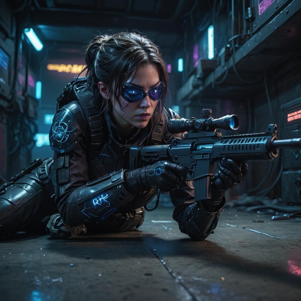 Female Soldier in Cyberpunk Armor Under Neon Lights