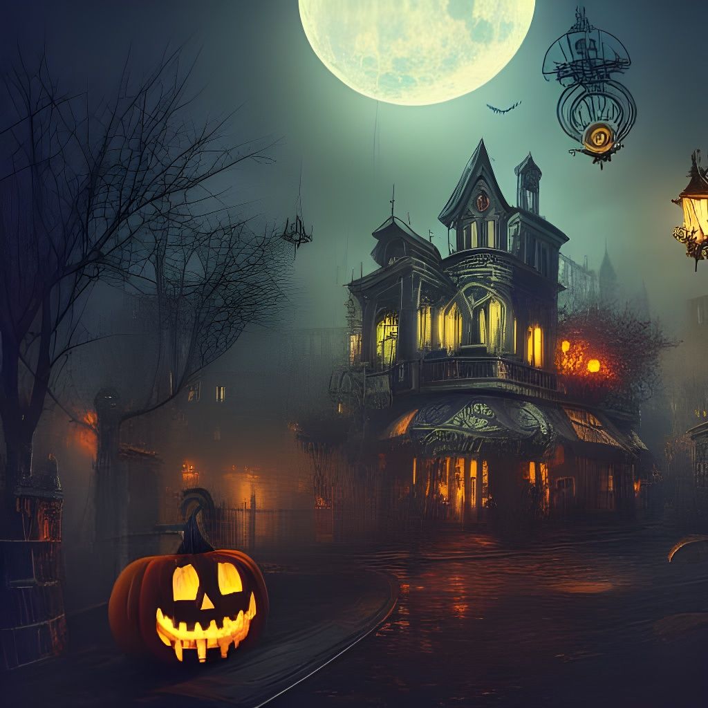 Haunted Steampunk City at Full Moon: Digital Painting