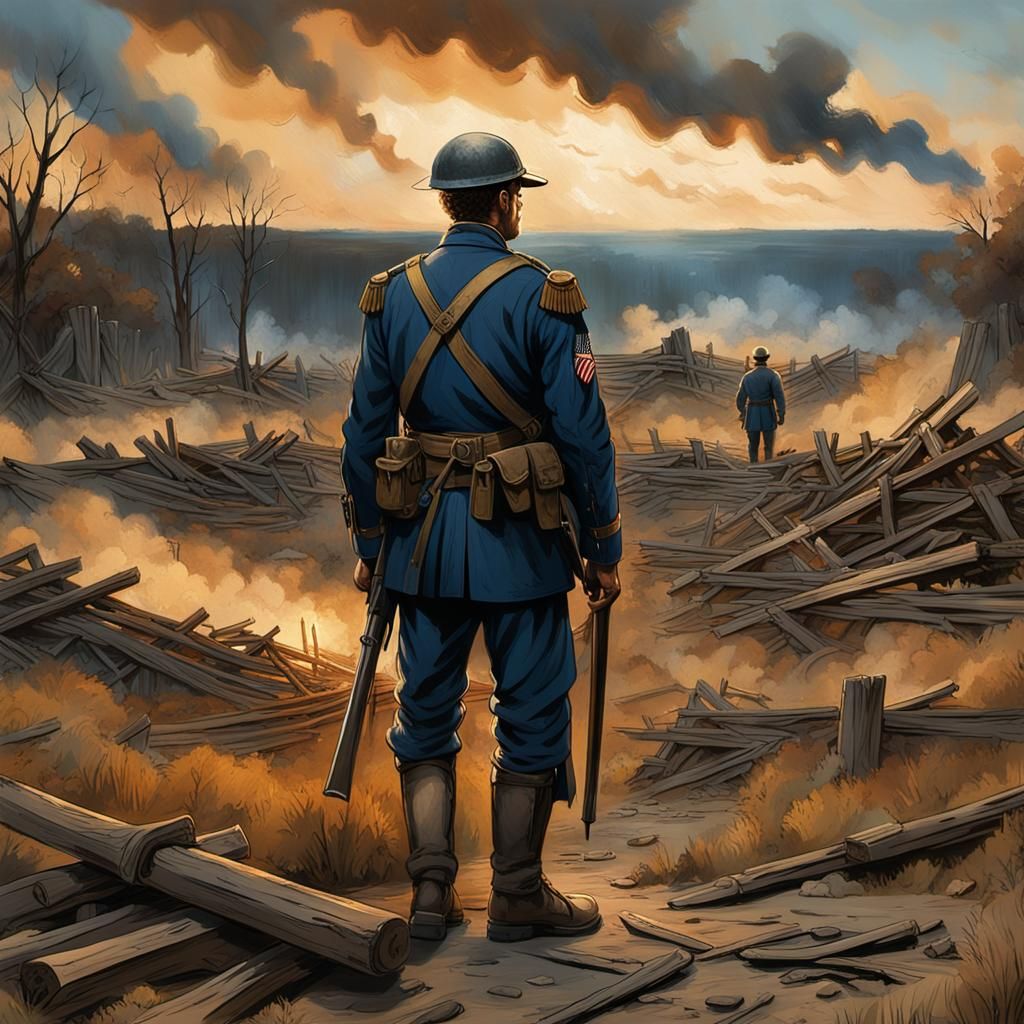 Victorious Union Soldier in Battle-Scarred Landscape