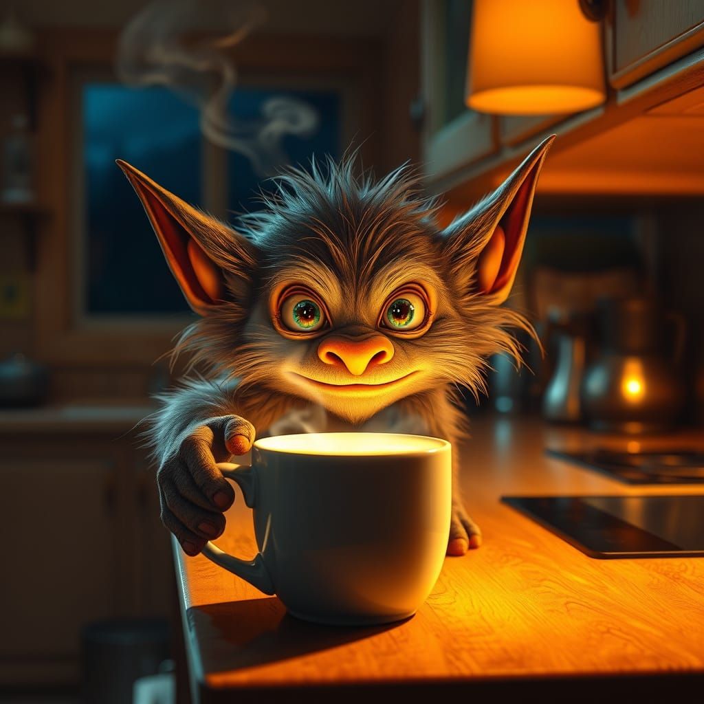 Furry Troll Gaze Steals the Night in a Golden Kitchen