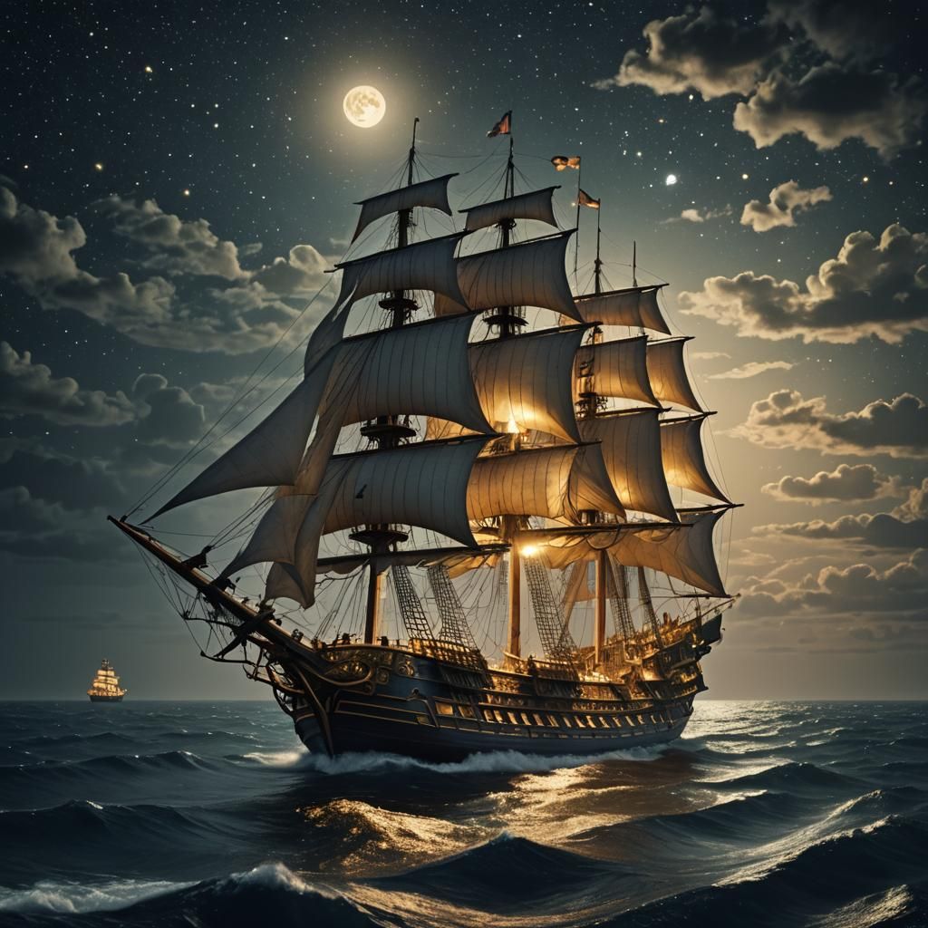 Grand Pirate Ship at Night Under Starry Sky