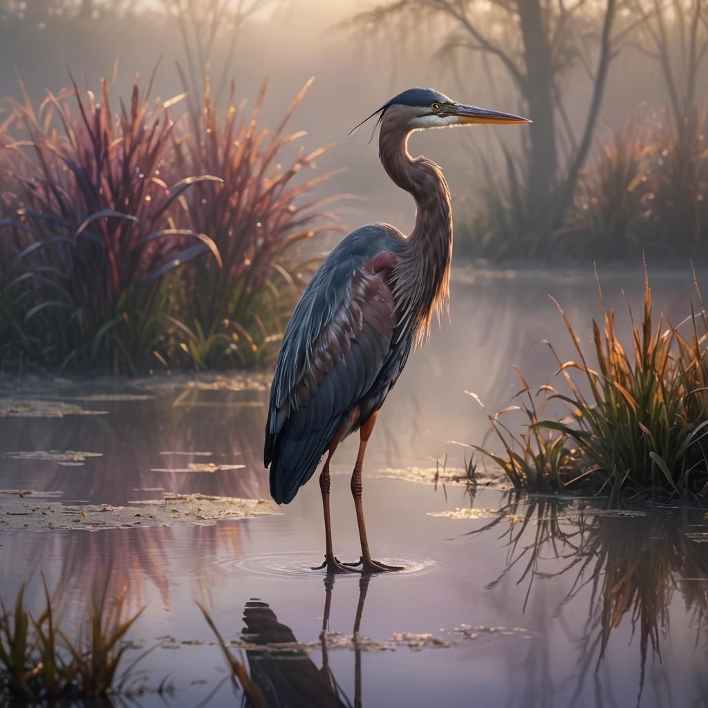 Purple Heron in Misty Wetland, Wildlife Illustration