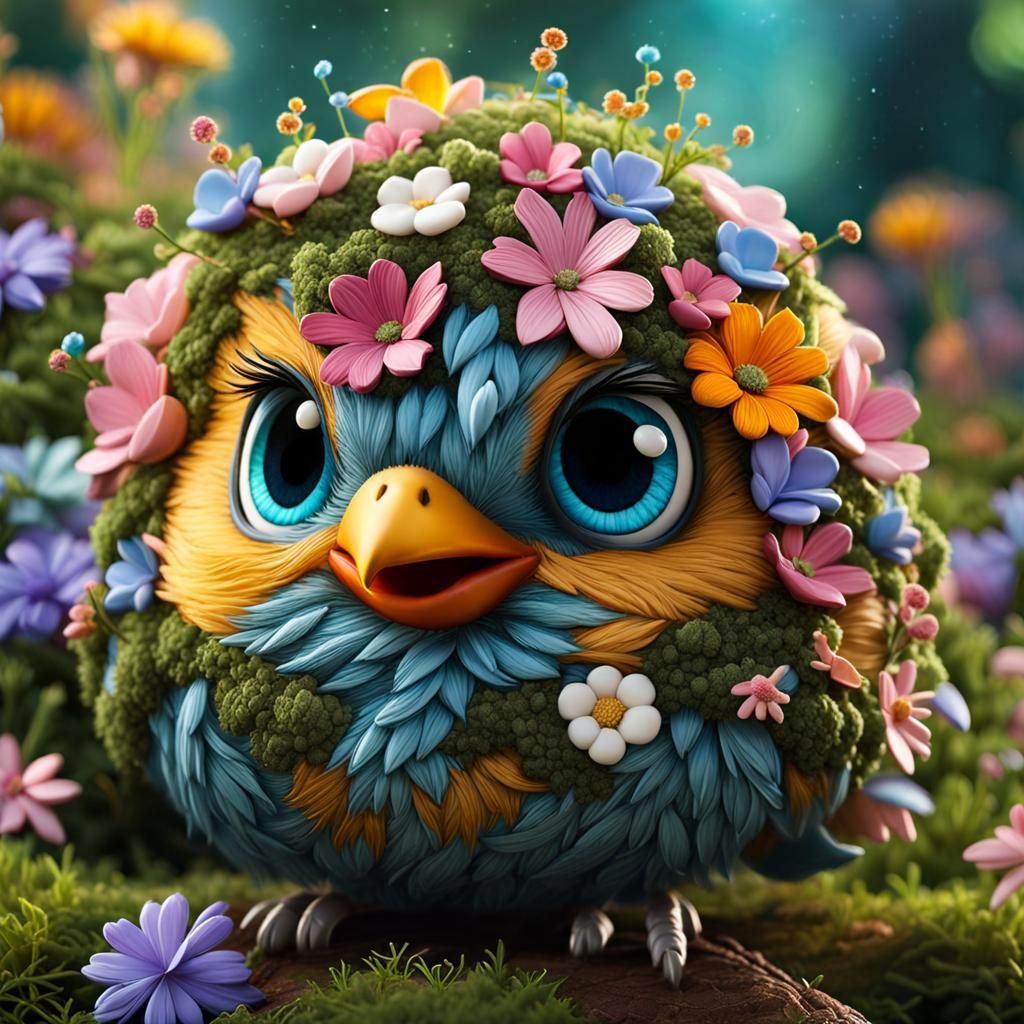 Floral Baby Bird: Intricate 3D Digital Art