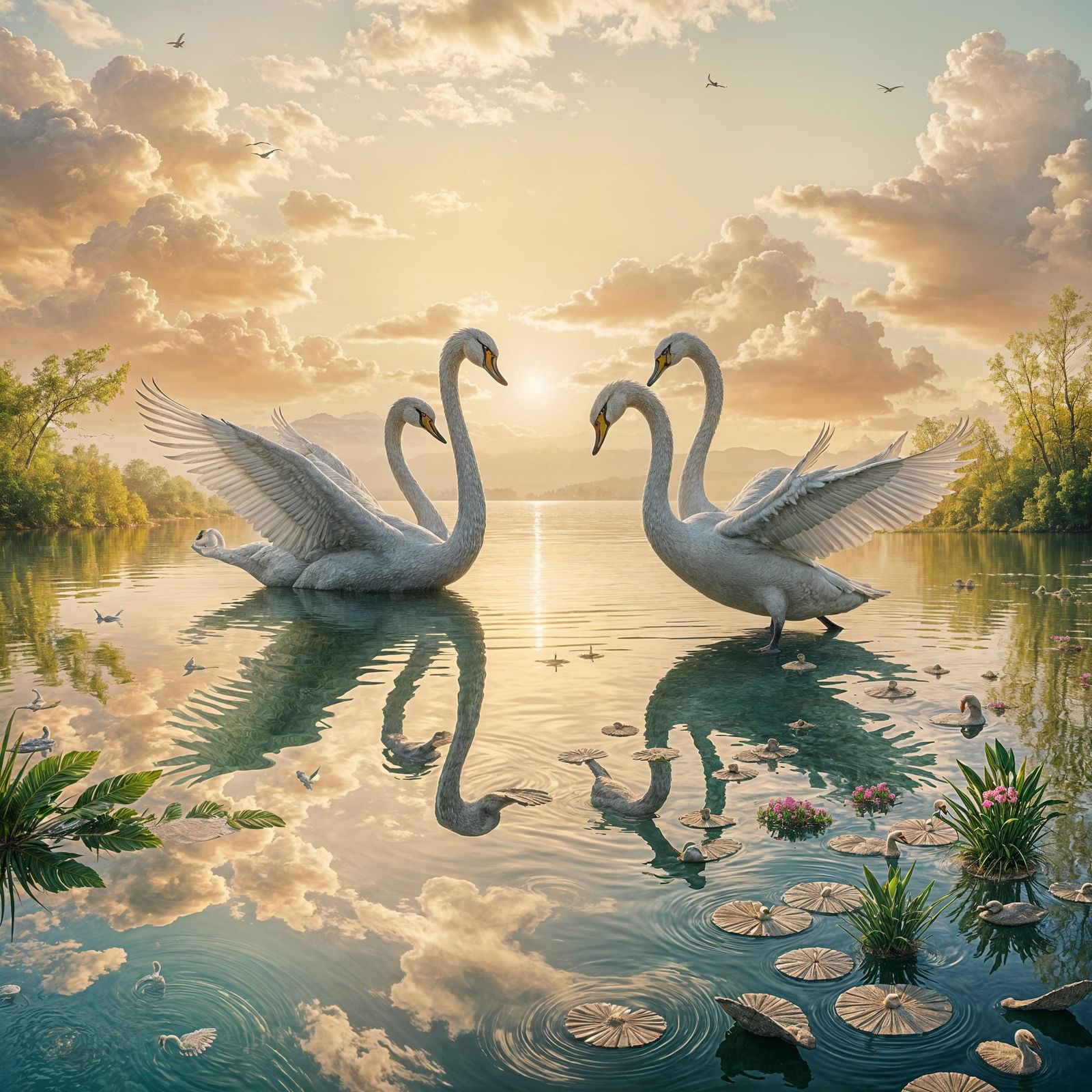 Epic Digital Watercolor Swan Lake Landscape