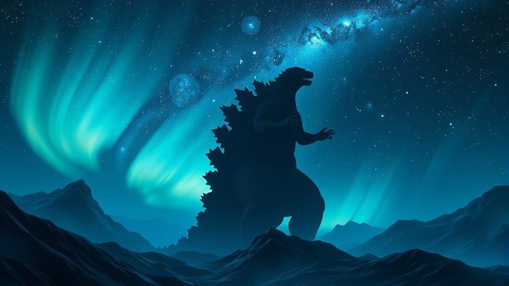 Colossal Godzilla Emerges Under Starry, Mystical Sky