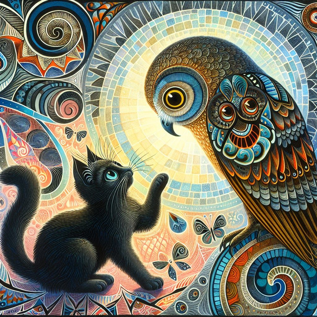 Cat and Owl Chat in Hundertwasser Style