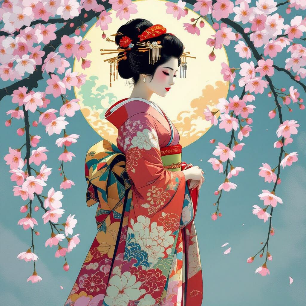 Geisha with Celestial Goddess Amidst Cherry Blossoms in Art ...