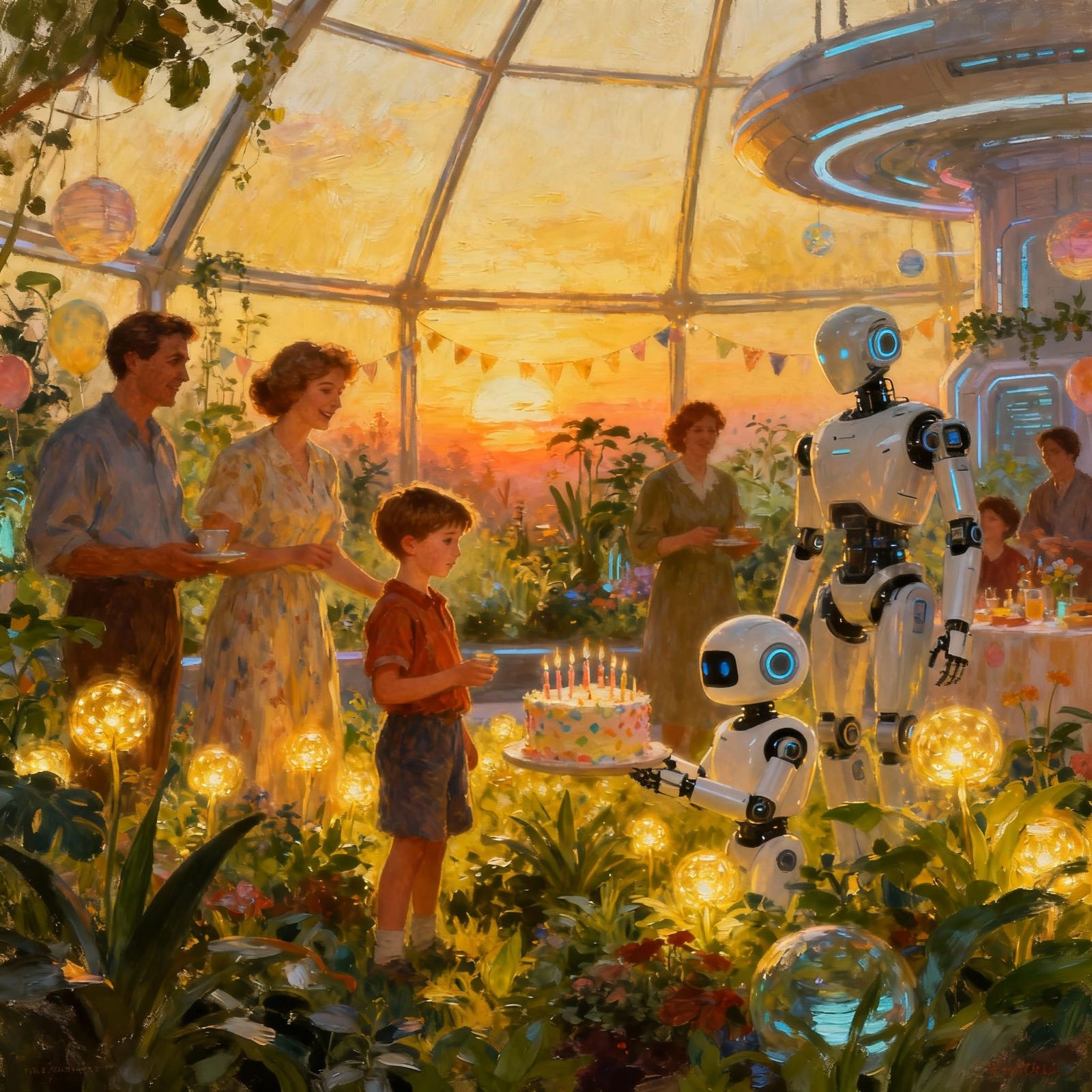Futuristic Biodome Birthday Party in Golden Sunset Light