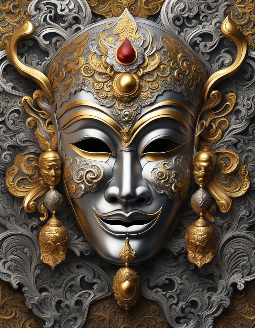 Ornate Silver and Gold Indonesian Mask in 8k
