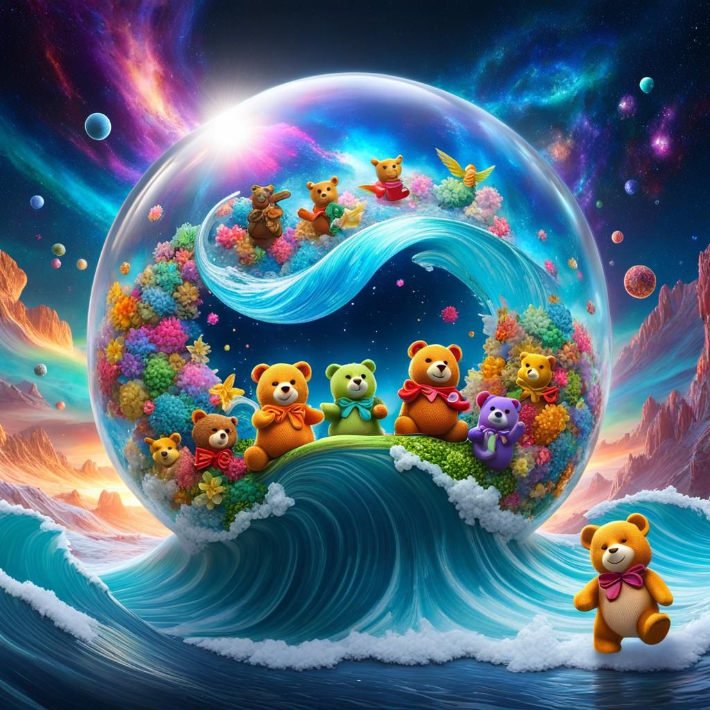 Glass Sphere of Angels and Gummi Bears in Digital Art