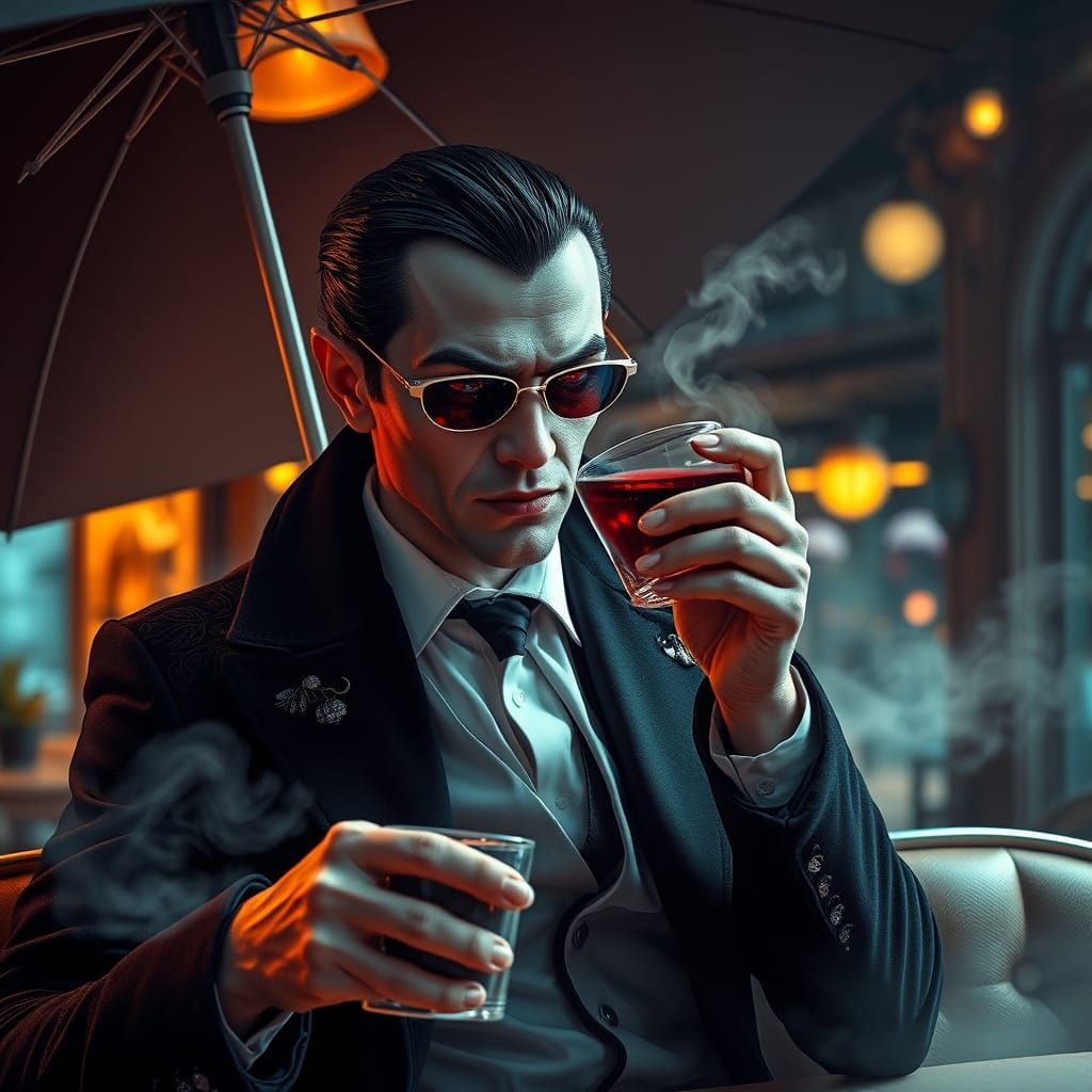 Gothic Vampire in Modern Attire Sips Blood at a Neon-Lit Caf...