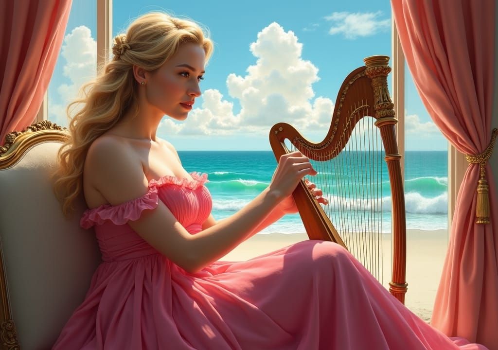 Curvy Princess Plays Harp in Palace, Gurney Style