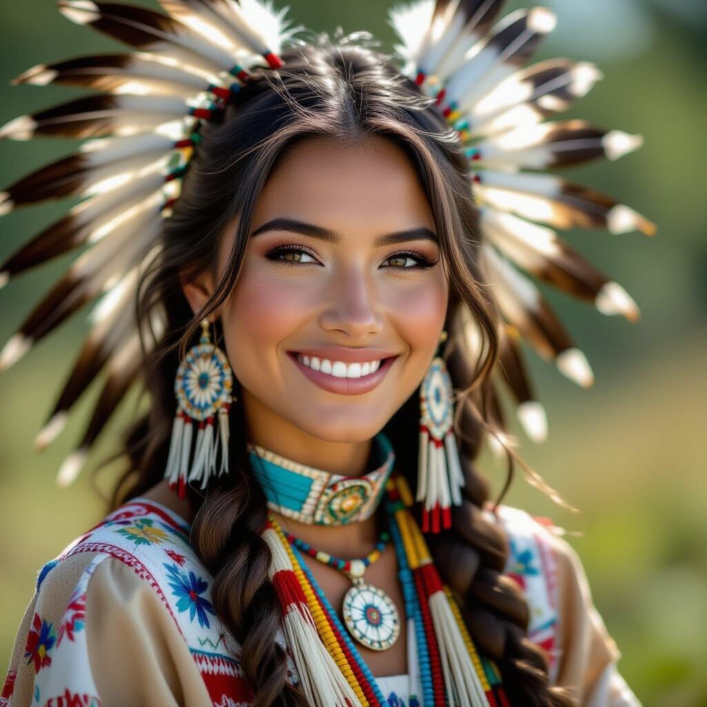 Attractive Native American Woman in Traditional Dress, Playf...