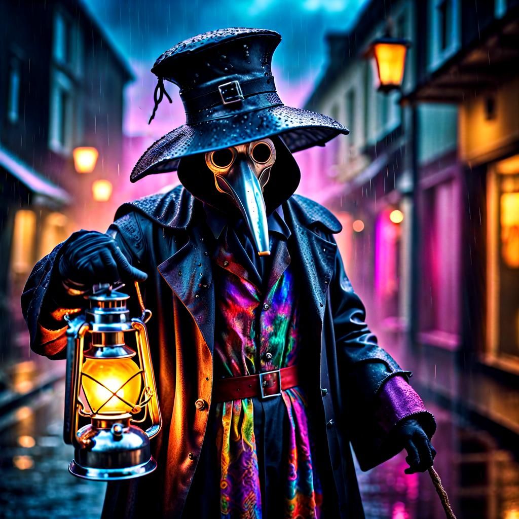 Groovy 60s ✌️ Plague Doctor ☠️ Holding a Lantern 🏮 In the Rain 🌧️