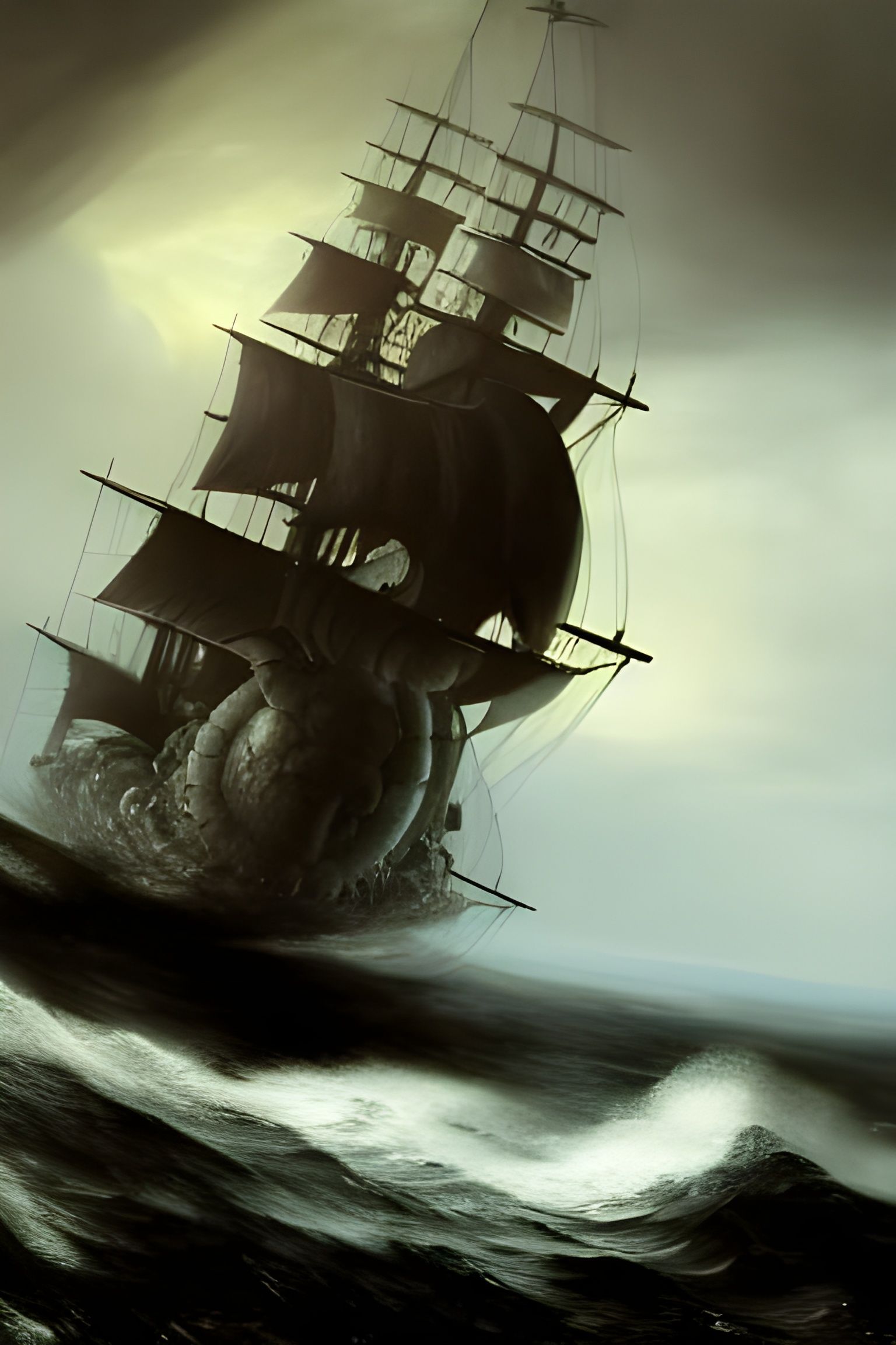Sea Monster Devouring Pirate Ship in Storm
