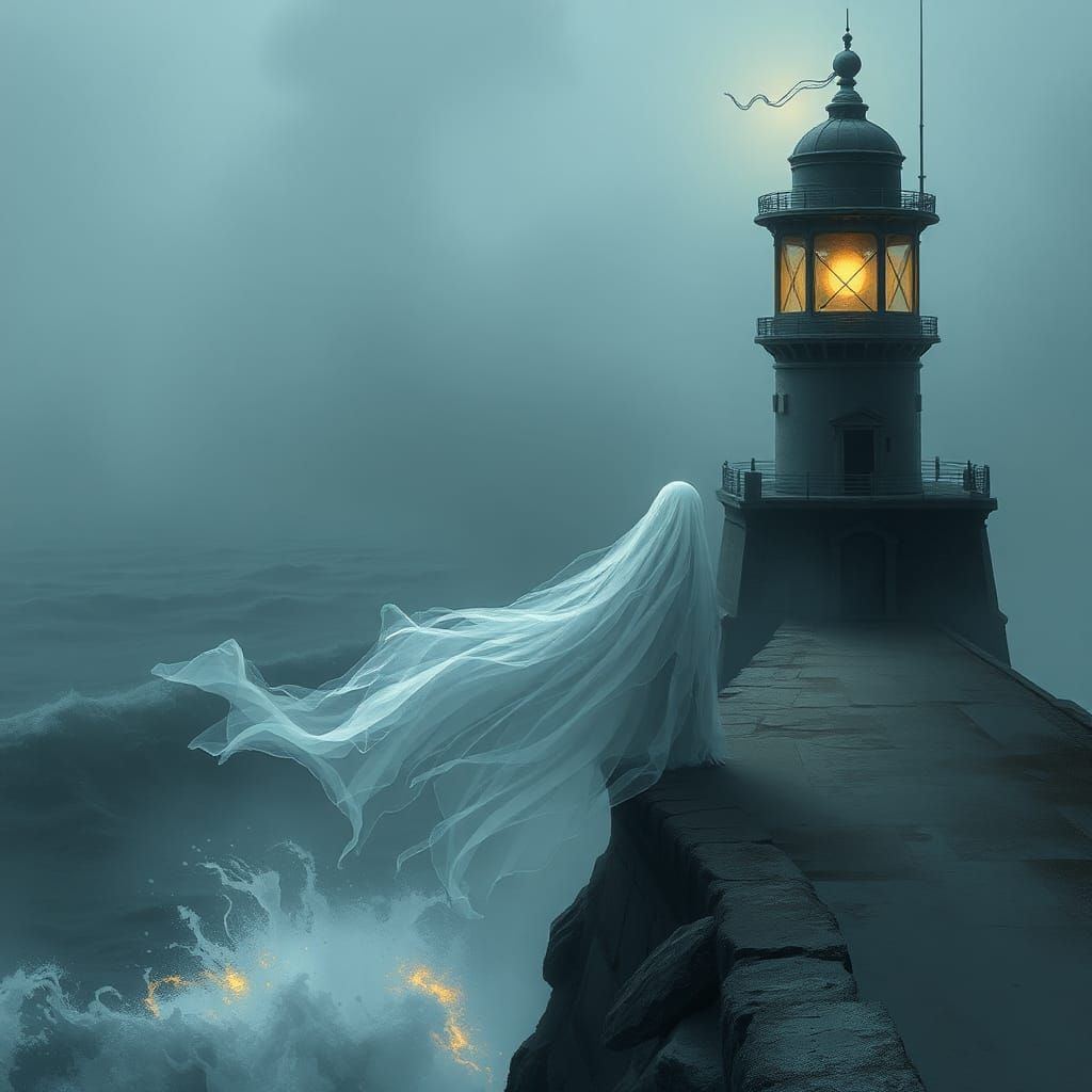 Ghost at Lighthouse: Ethereal Digital Illustration