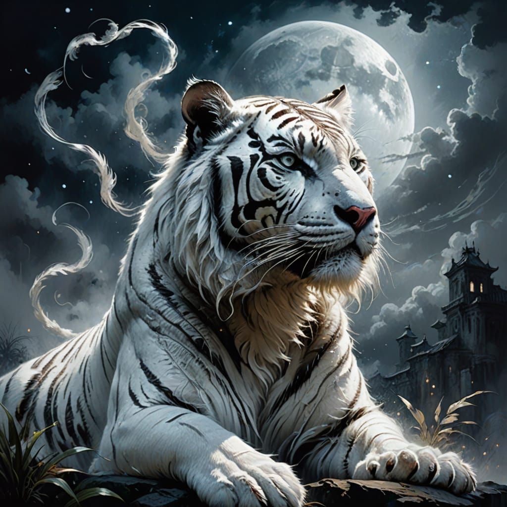 white tiger with long fur wispy cloud set against a darf moonlit sky ethereal fantasy hype...