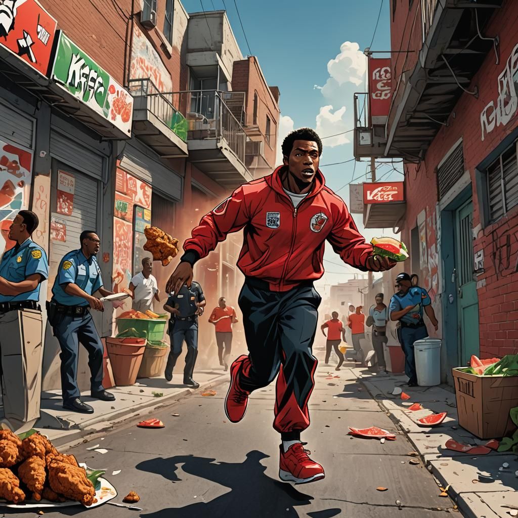 Man Flees Police with Chicken: Comic Book Style