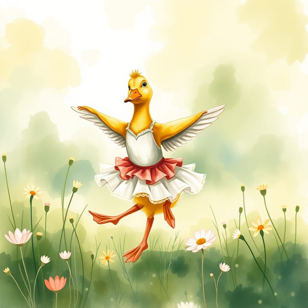 Duckling Ballerina in Watercolor Meadow
