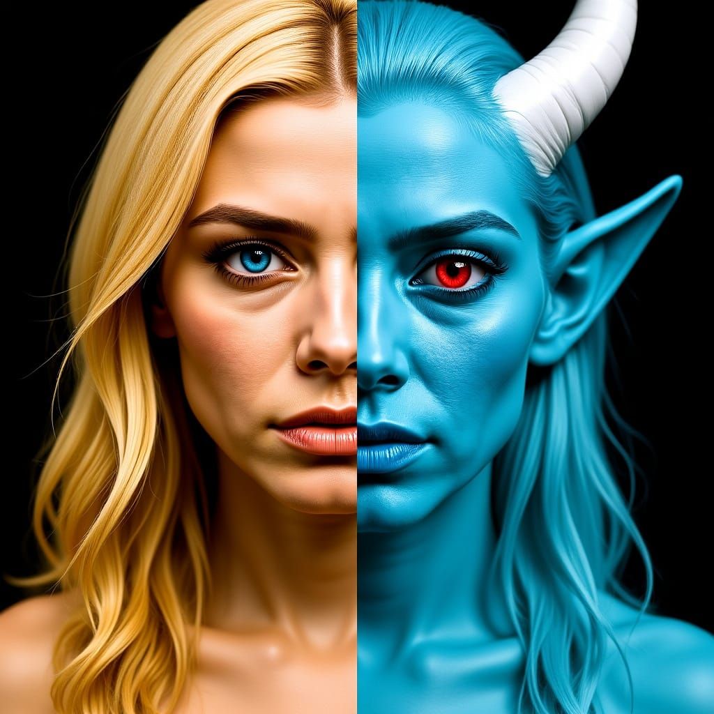 Demoness Portrait with Human and Demon Halves