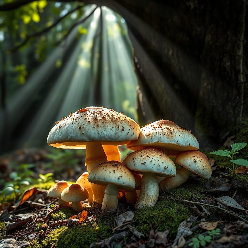 Mushrooms Under Ancient Tree in Forest Landscape