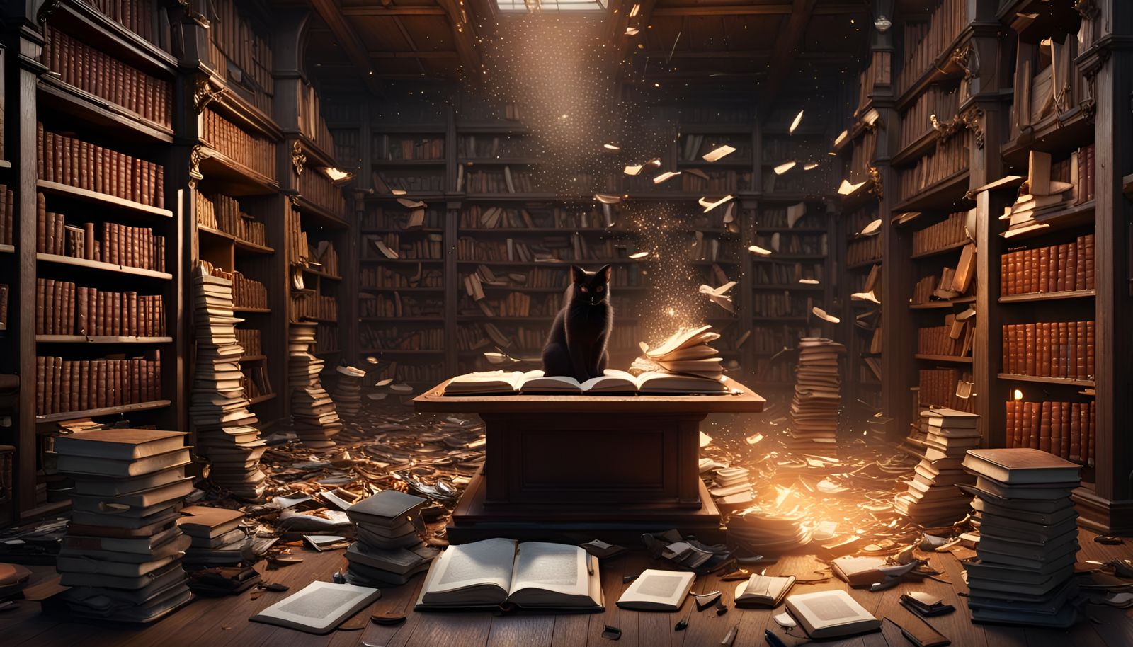 Enchanted Wizard's Library with Flying Books