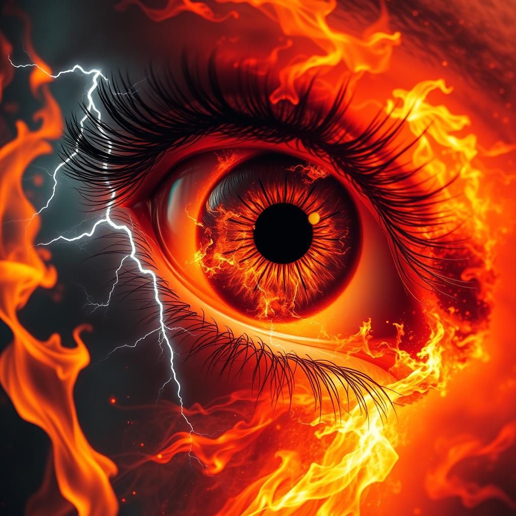 Infernal Eye in Fiery Storm: Hyperrealistic Concept Art