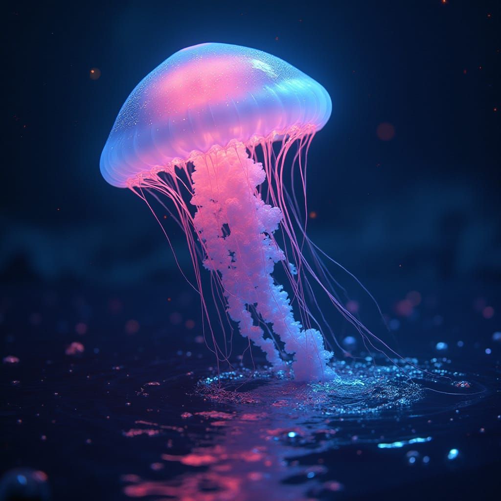 Bioluminescent Jellyfish in Starlit Ocean: Digital Art