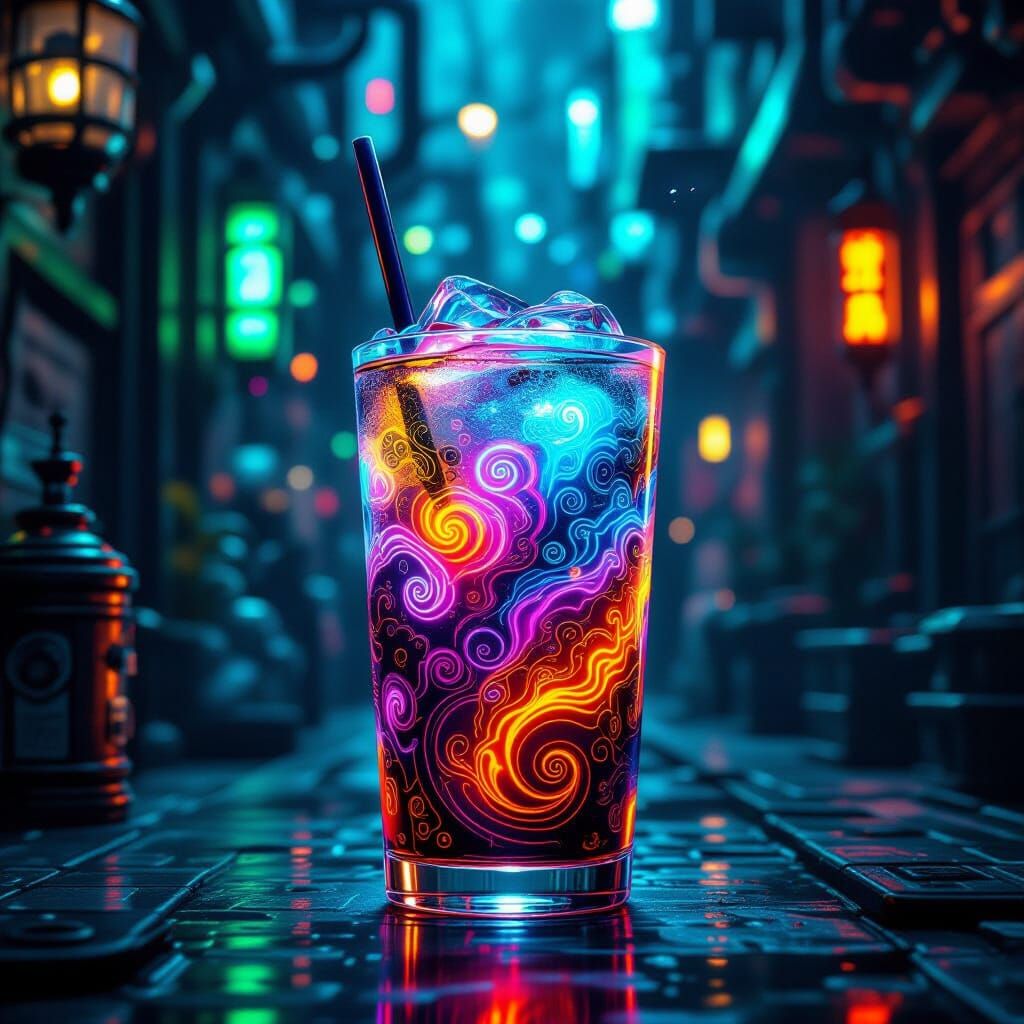 Steampunk Glowing Beverage with Intricate Sci-Fi Designs