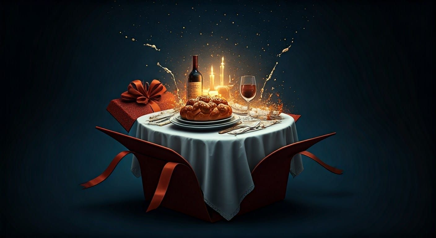 Shabbat Table Leaping from Gift Box: Hyperrealistic Image