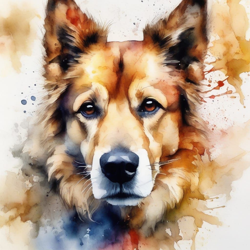 Dog-Cat Hybrid Runs in Whimsical Watercolour Scene