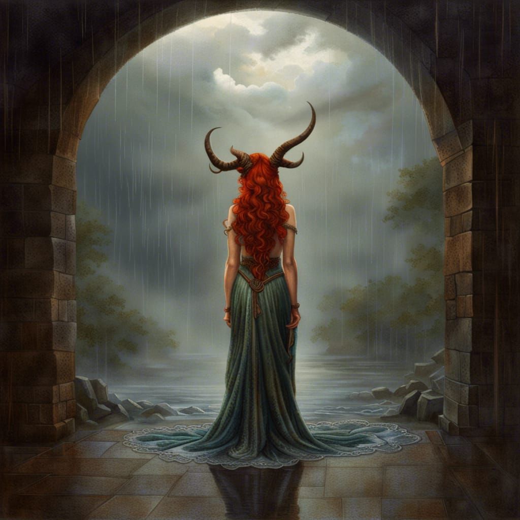 Red-Haired Horned Goddess in Rainy Pre-Raphaelite Style