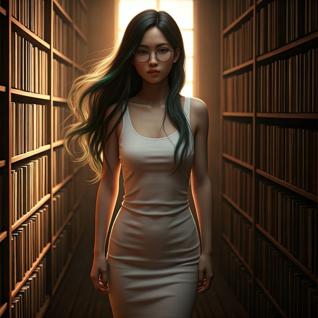 Elegant Woman in Library, Anime-Inspired Style