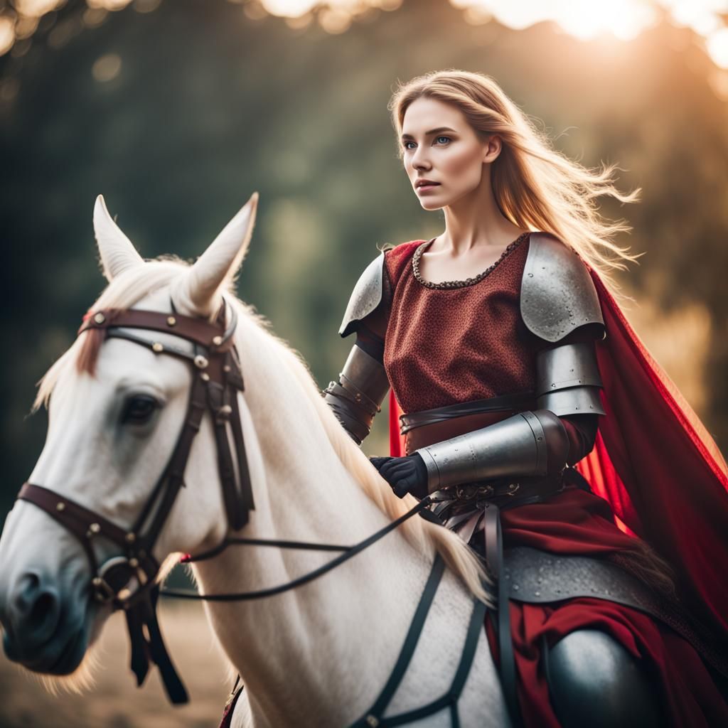 beautiful medieval warrior woman on a horse