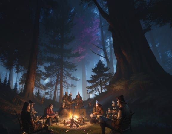 Fantasy Adventurers Gather Around a Campfire at Dusk