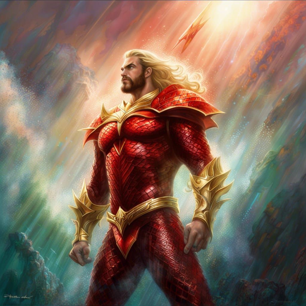 Aquaman in Red Armor, Ethereal Fantasy Art