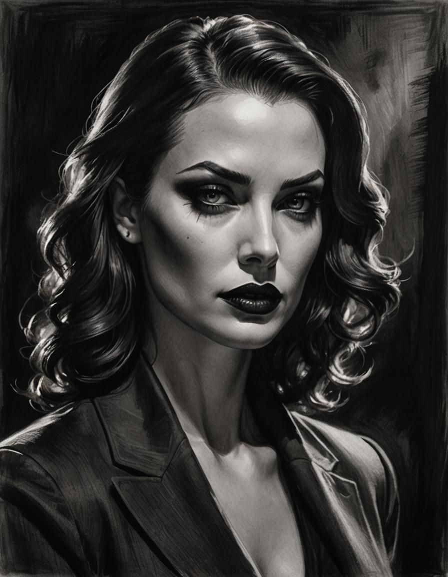 Noir Charcoal Portrait of Enigmatic Femme Fatale