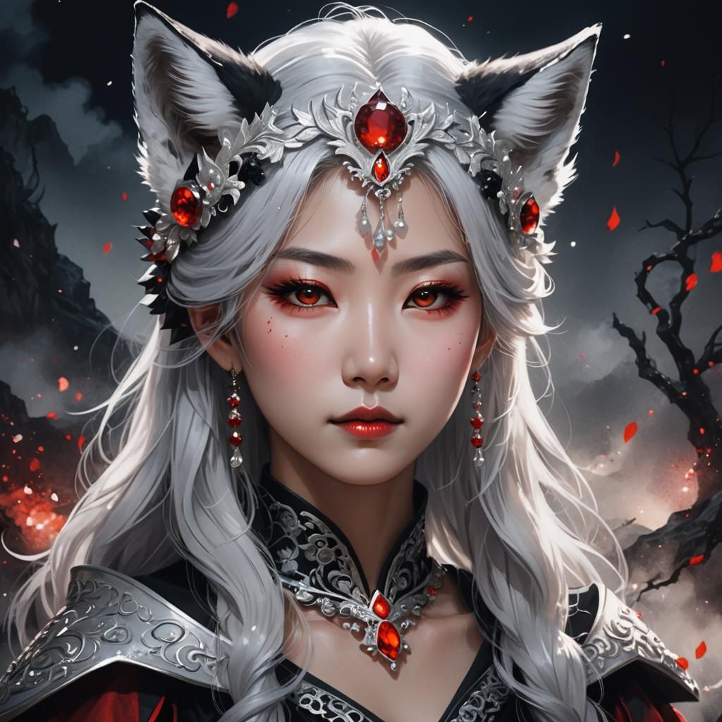 Korean Vampire Queen with Fox Ears in Anime Style