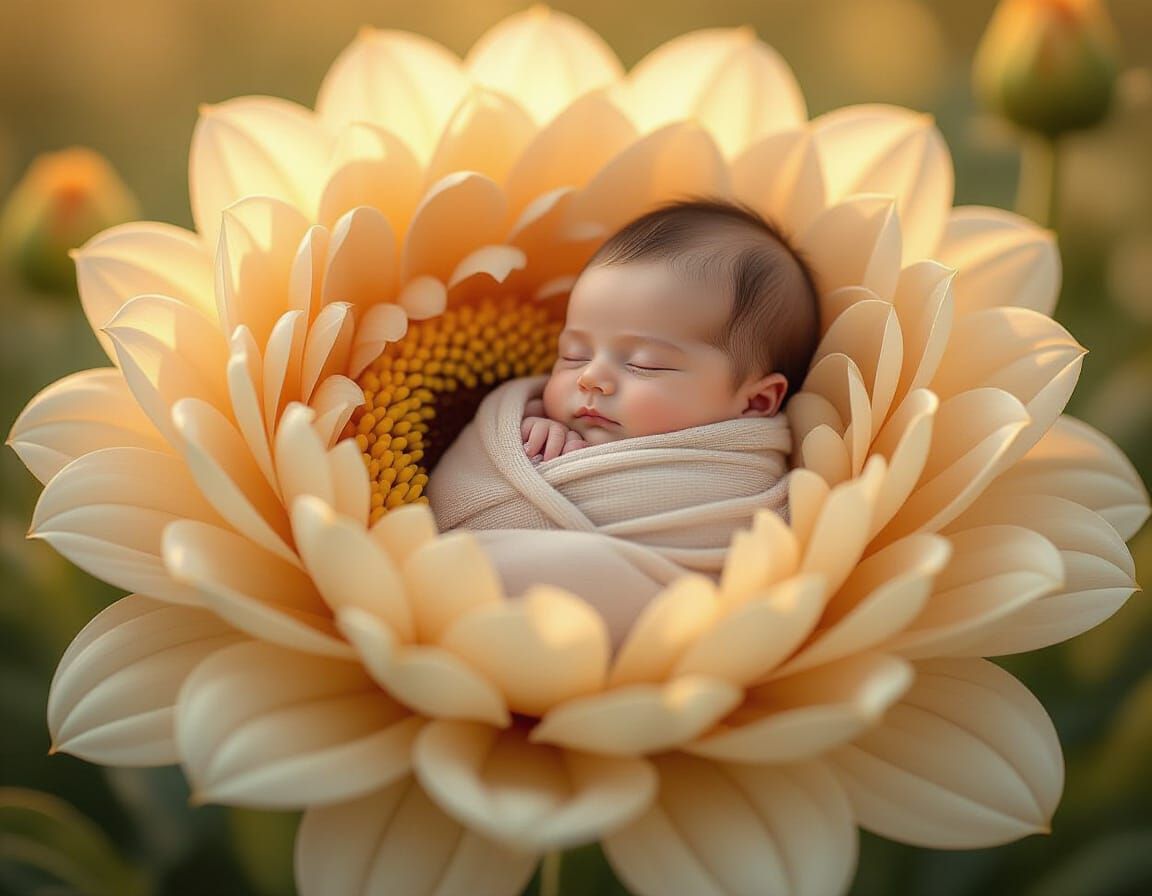 Adorable Baby in Giant Flower Petals, Golden Hour Light