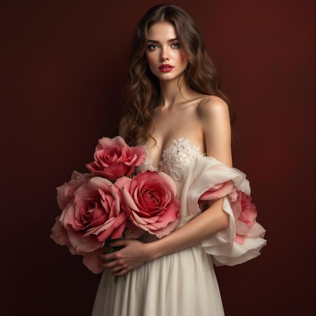 Brunette in Rose Dress, Art Nouveau Style