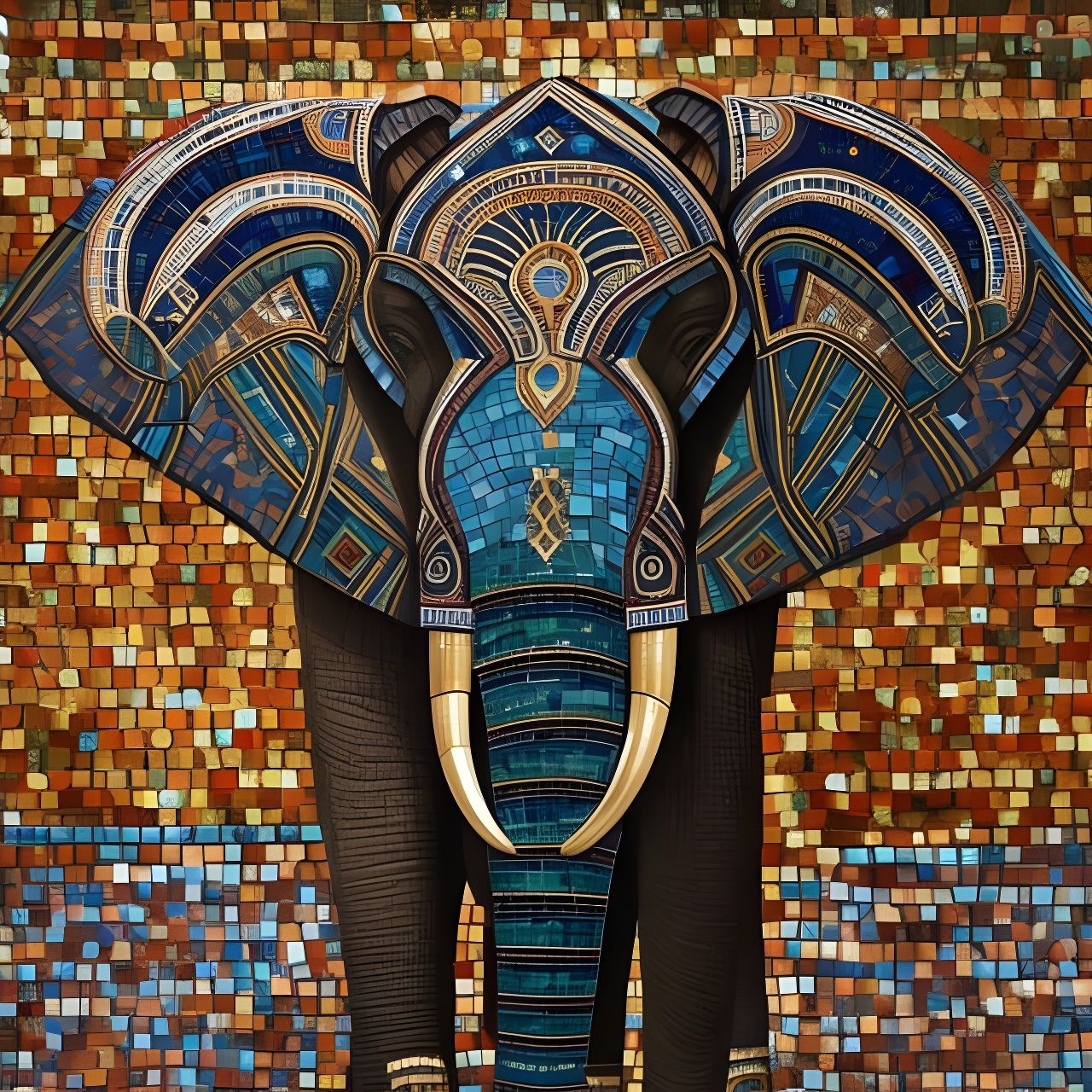 Detailed Roman Mosaic, Mosaic depicts a symmetrical elephant, classical mosaic colours, beautiful, hyper realistic, intr...