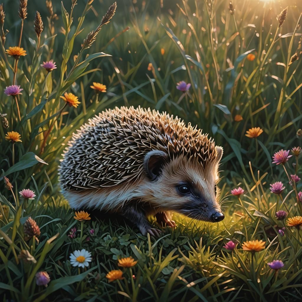 Hyperrealistic Baby Hedgehog in Meadow, Oil Painting Style